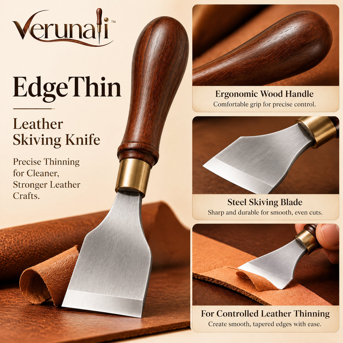 verunali™ EdgeThin Leather Skiving Knife with Ergonomic Wood Handle