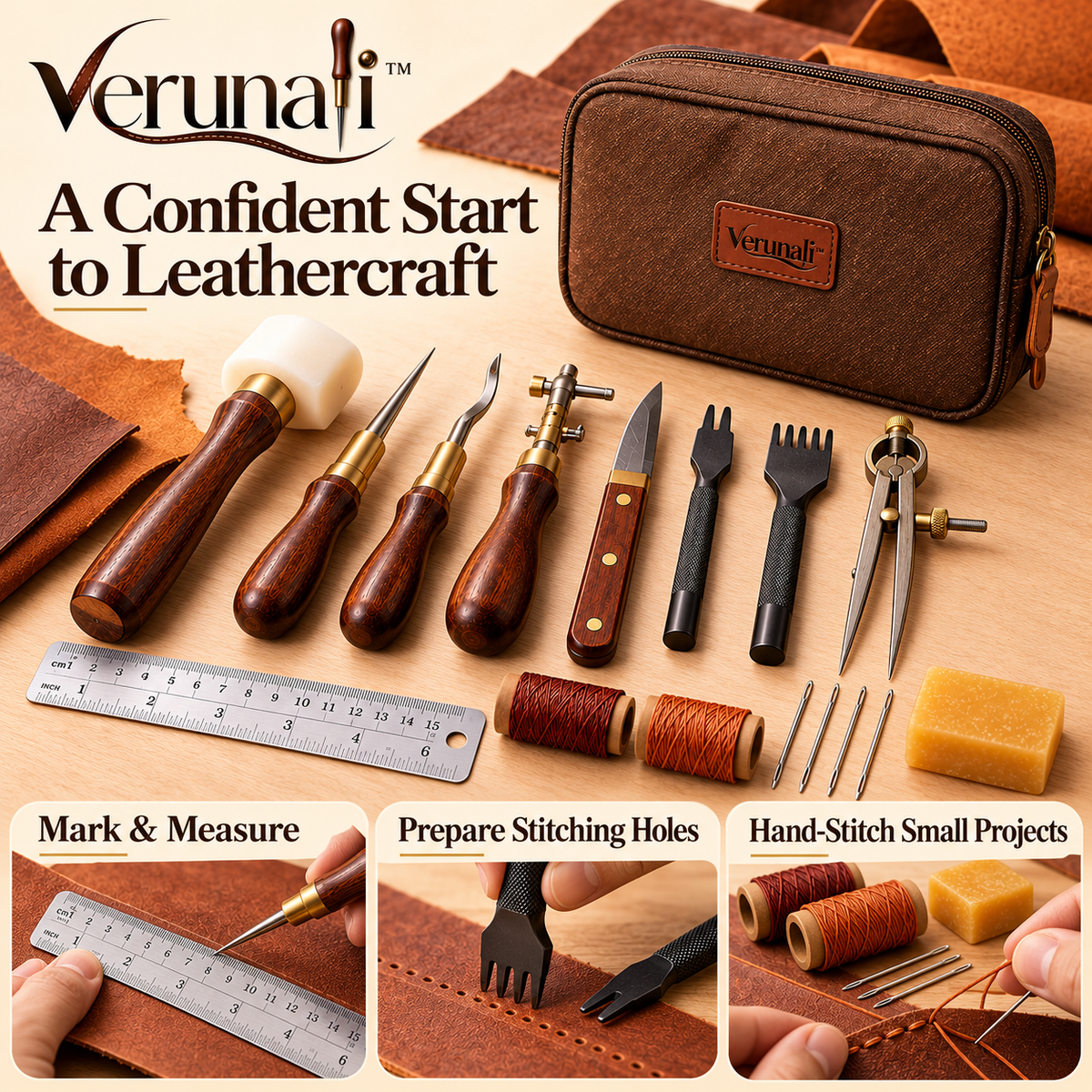 verunali™ CraftStart 18-Piece Leatherworking Tool Kit for Beginners