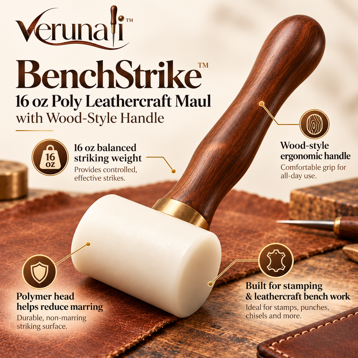 verunali™ BenchStrike 16 oz Poly Leathercraft Maul with Wood-Style Handle