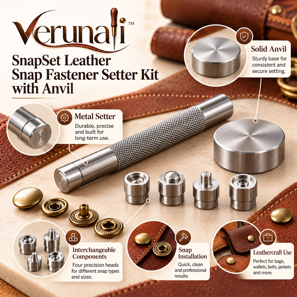 verunali™ SnapSet Leather Snap Fastener Setter Kit with Anvil