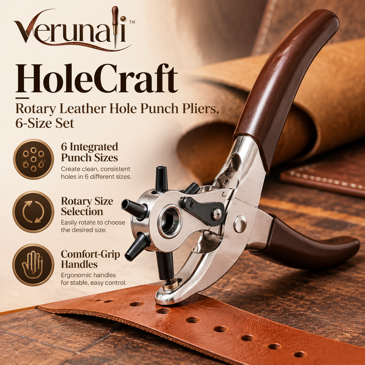 verunali™ HoleCraft Rotary Leather Hole Punch Pliers, 6-Size Set